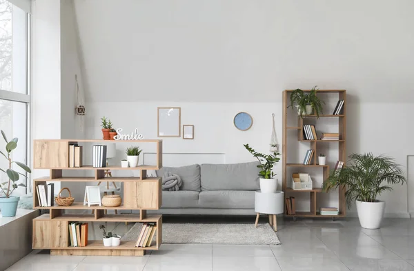 Shelf Unit Dengan Buku Dan Sofa Interior Ruangan — Stok Foto