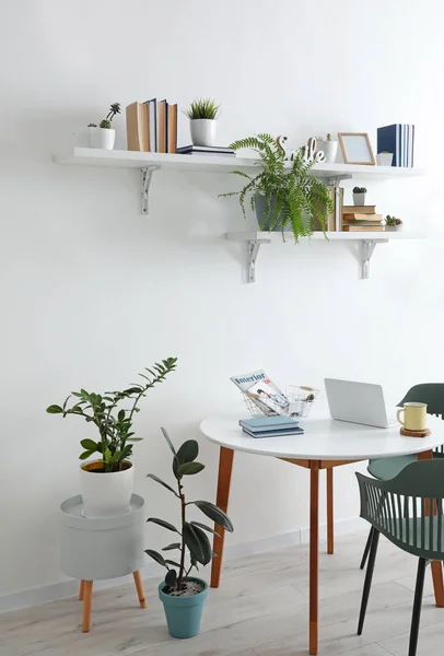 Étagères Avec Livres Table Manger Intérieur Chambre — Photo