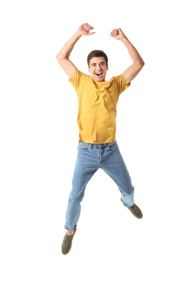 Прыгающий Молодой Человек Белом Фоне — стоковое фото