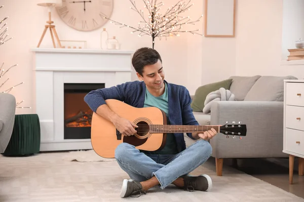 Handsome Man Playing Guitar Fireplace Home — Stock Photo, Image