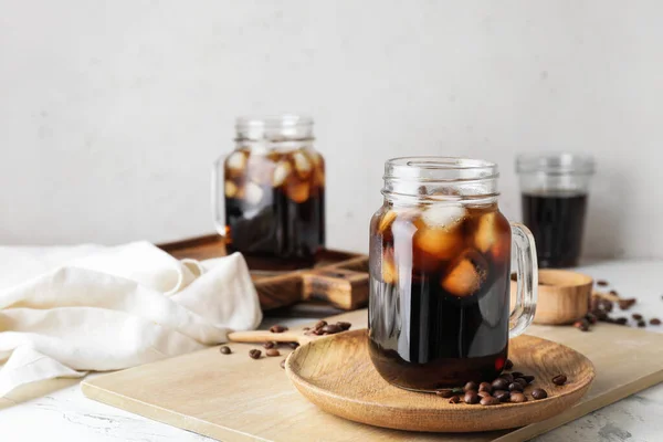 Mason Jars Tasty Cold Brew Coffee Beans White Background — Stock Photo, Image