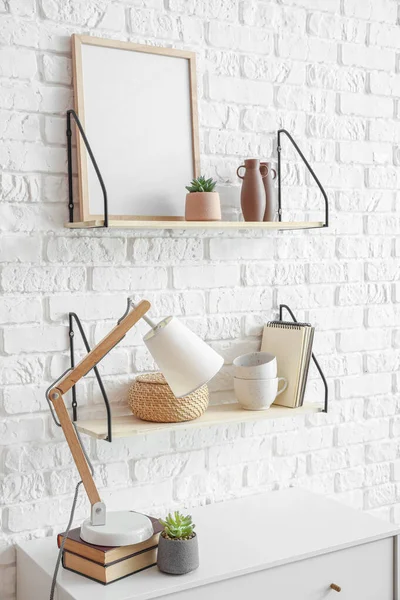 Modern Shelves Decor Lamp Brick Wall — Stock Photo, Image
