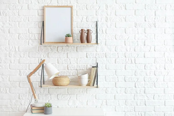 Modern Shelves Decor Lamp Brick Wall —  Fotos de Stock