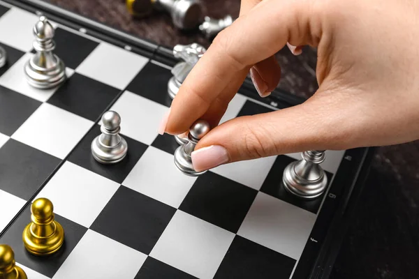 Woman Playing Chess Dark Background Closeup — Stock Photo, Image