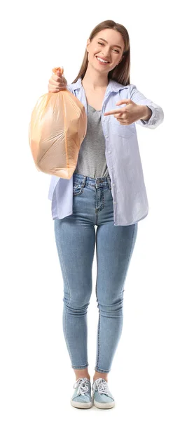 Young Woman Garbage Bag White Background — Stock Photo, Image