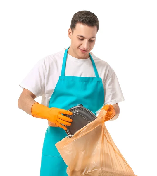 Male Janitor Garbage Bag White Background — Stock Photo, Image