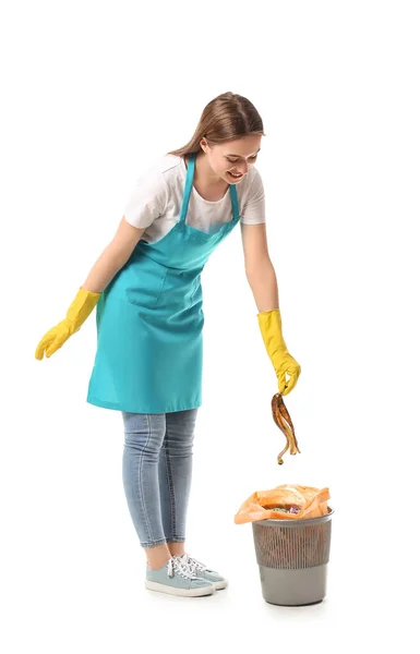 Conserje Poniendo Basura Cubo Basura Sobre Fondo Blanco — Foto de Stock