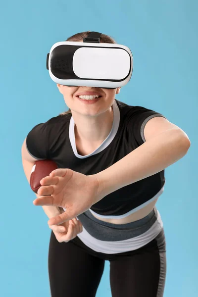 Sporty Young Woman Virtual Reality Glasses Training Color Background — Stock Photo, Image