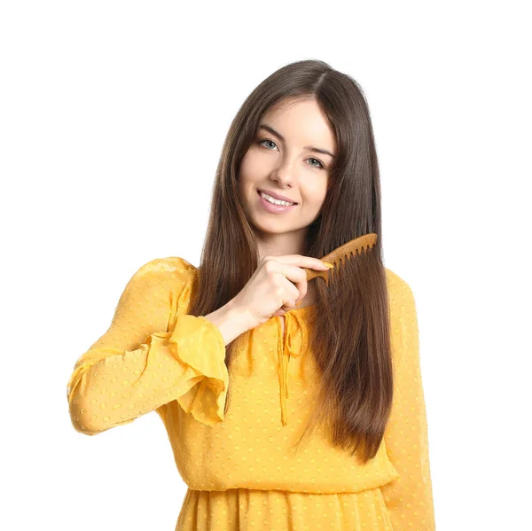 Beautiful Young Woman Hair Comb White Background — Stock Photo, Image