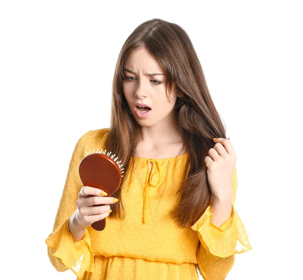 Stressed Young Woman Hair Loss Problem White Background — Stock Photo, Image