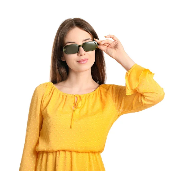 Beautiful Young Woman Stylish Sunglasses White Background — Stock Photo, Image