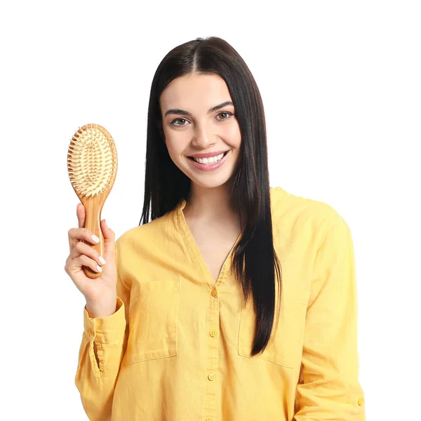 Hermosa Joven Con Cepillo Pelo Sobre Fondo Blanco — Foto de Stock