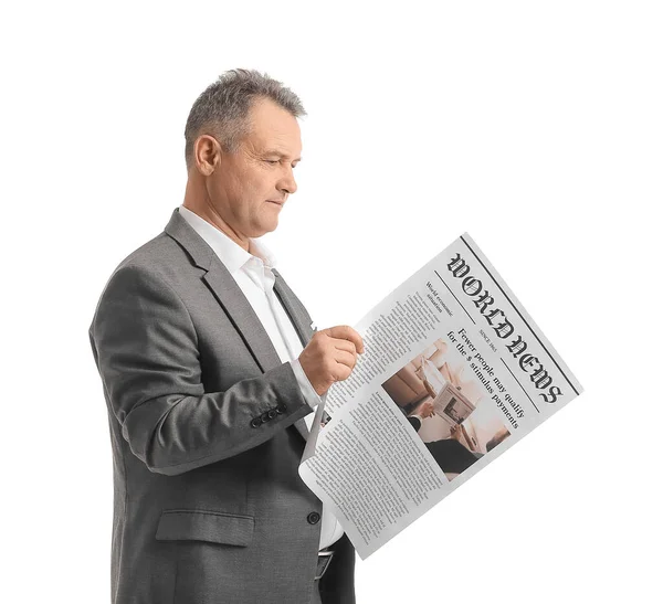 Mature Businessman Newspaper White Background — Foto de Stock