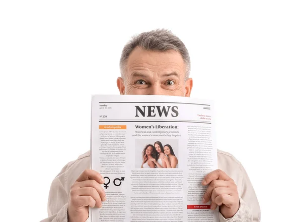 Mature Man Newspaper White Background — Stock Photo, Image