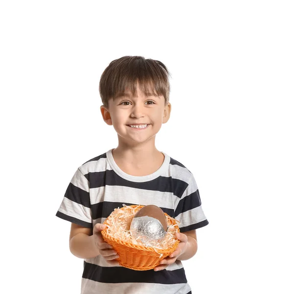 Cute Little Boy Basket Chocolate Easter Eggs White Background — Stock Photo, Image