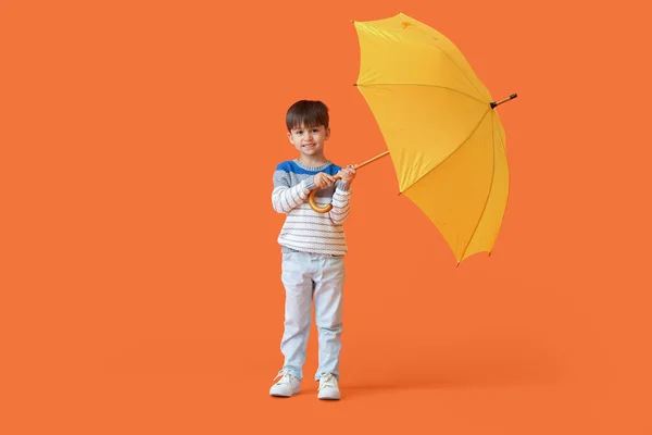 Cute Little Boy Umbrella Color Background — Stock Photo, Image
