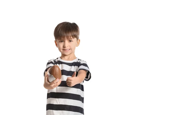 Cute Little Boy Chocolate Easter Egg Showing Thumb White Background — Stock Photo, Image