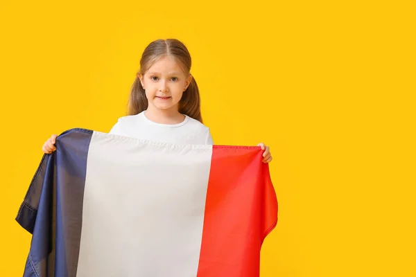 Klein Meisje Met Vlag Van Frankrijk Kleur Achtergrond — Stockfoto