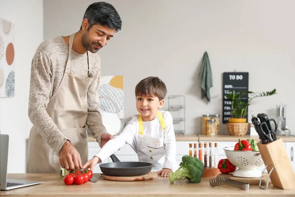 Father His Little Son Cooking Kitchen — Stock Photo, Image