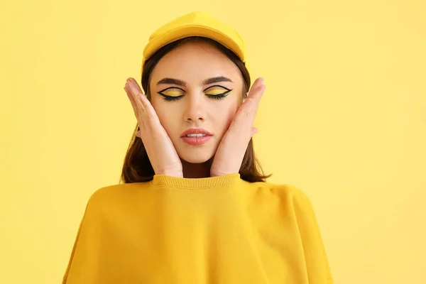 Stylish Young Woman Yellow Background — Stock Photo, Image