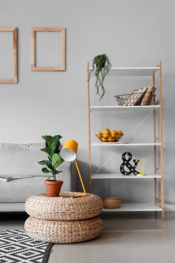 Kanepesi ve raf ünitesi olan modern bir oda.