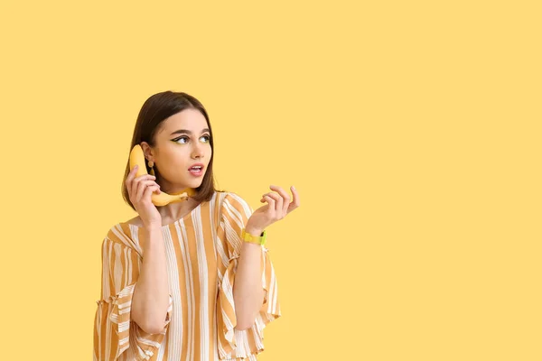 Stylish Young Woman Banana Yellow Background — Stock Photo, Image