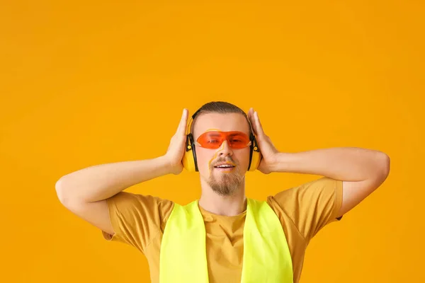 Stylish Male Worker Yellow Background — Stock Photo, Image