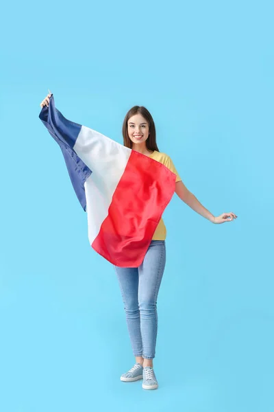 Beautiful Young Woman Flag France Color Background — Stock Photo, Image