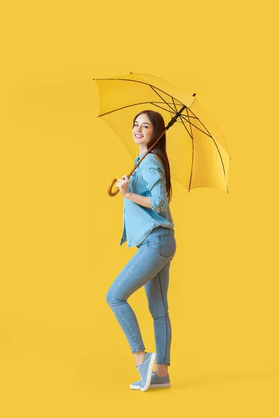 Stylish Young Woman Umbrella Color Background — Stock Photo, Image