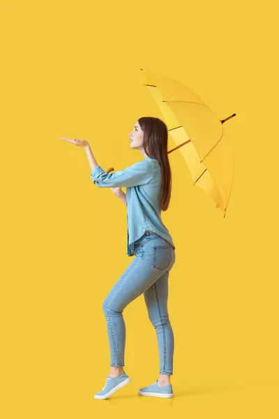 Stylish Young Woman Umbrella Color Background — Stock Photo, Image