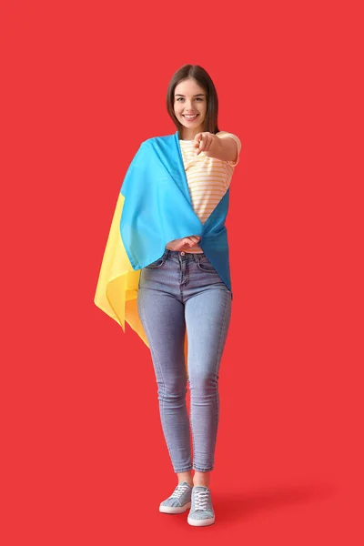 Beautiful Young Woman Ukrainian Flag Color Background — Stock Photo, Image