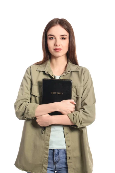 Young Woman Bible White Background — Stock Photo, Image