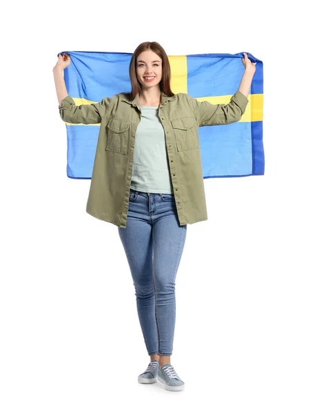 Beautiful Young Woman Flag Sweden White Background —  Fotos de Stock