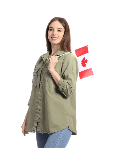 Beyaz Arka Planda Kanada Bayrağı Olan Güzel Genç Bir Kadın — Stok fotoğraf