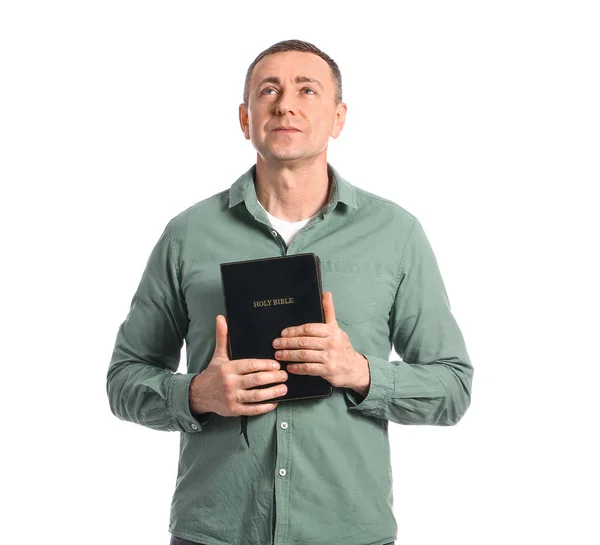 Hombre Con Biblia Sobre Fondo Blanco — Foto de Stock