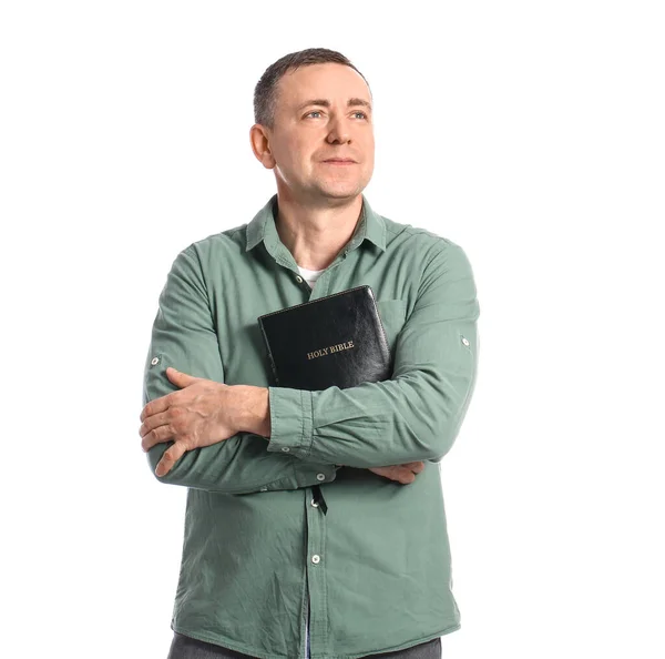 Mann Mit Bibel Auf Weißem Hintergrund — Stockfoto