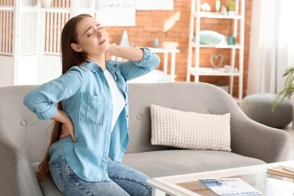 Young Woman Suffering Back Pain Home — Stock Photo, Image