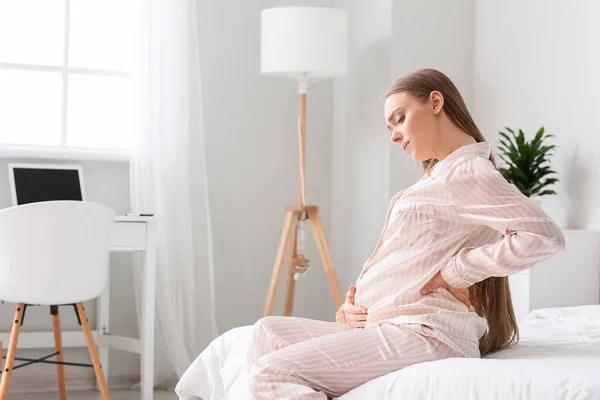 Young Pregnant Woman Suffering Back Pain Bedroom — Stock Photo, Image