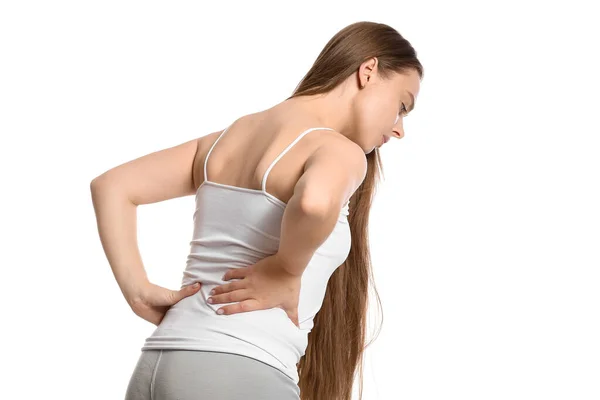 Young Woman Suffering Back Pain White Background — Stock Photo, Image