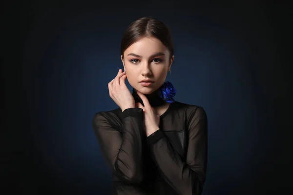 Beautiful Young Woman Blue Rose Dark Background — Stock Photo, Image