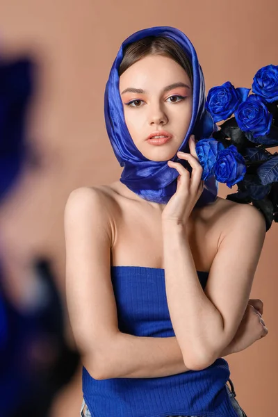 Stylish Young Woman Blue Roses Color Background — Stock Photo, Image