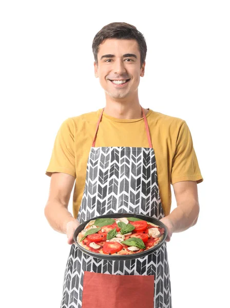 Young Man Tasty Pizza White Background — Foto de Stock