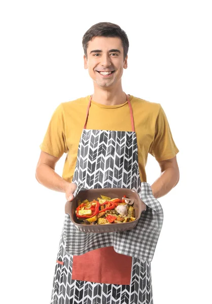 Young Man Baking Dish White Background —  Fotos de Stock