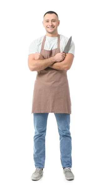 Young Man Knife White Background — Stock Photo, Image