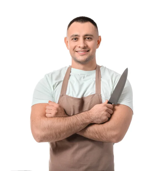 Junger Mann Mit Messer Auf Weißem Hintergrund — Stockfoto