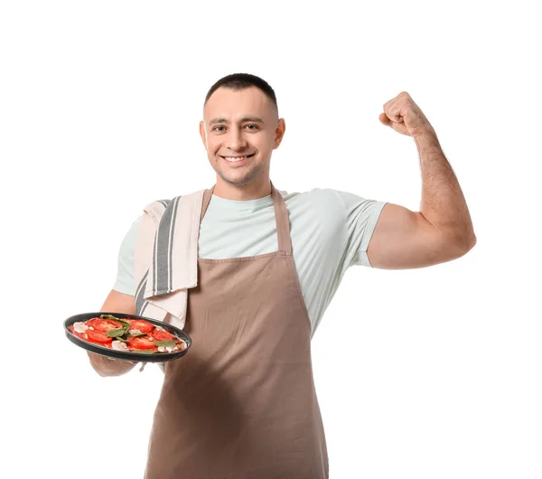 Junger Mann Mit Leckerer Pizza Auf Weißem Hintergrund — Stockfoto
