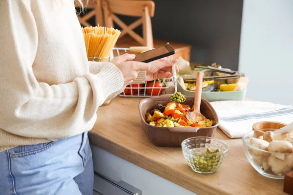 Young Woman Taking Photo Baking Dish Vegetables Kitchen — Stock Photo, Image
