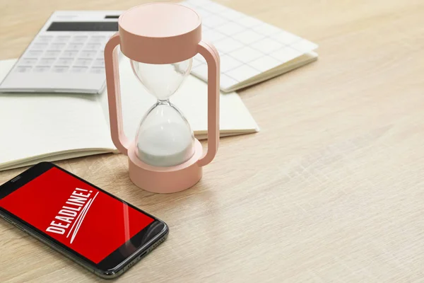 Mobile Phone Hourglass Wooden Background Deadline Concept — Stock Photo, Image