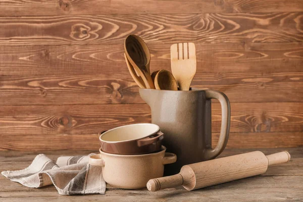Комплект Кухонной Утвари Деревянном Фоне — стоковое фото