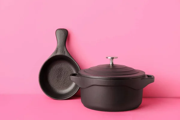 Cooking Pot Frying Pan Color Background — Stock Photo, Image